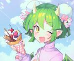  1girl blush day draco_centauros dragon_girl dragon_horns eyebrows_visible_through_hair fang green_hair highres horns long_sleeves looking_at_viewer open_mouth outdoors pointy_ears puyopuyo s2offbeat short_hair smile solo yellow_eyes 
