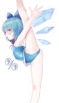  1girl arms_up bangs blue_bow blue_eyes blue_hair blue_leotard bow cirno cirno_day commentary dated english_commentary feet_out_of_frame flexible hair_bow hand_on_own_leg highres ice ice_wings kuroshiro00 leotard open_mouth short_hair simple_background solo split standing standing_on_one_leg standing_split thighs white_background wings 