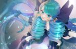  1girl ahoge bangs black_bow black_gloves blue_eyes blush bow breasts collarbone dress drill_hair gloves gradient gradient_background green_eyes green_hair grey_dress gwen_(league_of_legends) hair_bow highres holding holding_scissors league_of_legends long_hair oversized_object scissors shiny shiny_hair smile solo star-shaped_pupils star_(symbol) symbol-shaped_pupils thi_fure 