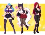  3girls absurdres ahoge ahri_(league_of_legends) animal_ears arm_under_breasts artist_name bag bandeau bangs bare_shoulders between_breasts black_bow black_footwear black_hair black_legwear black_pants black_shorts blue_hair blushy-pixy bow bracelet breasts brown_legwear cleavage cup detached_sleeves drill_hair facial_mark fox_ears full_body green_bow grin gwen_(league_of_legends) hair_bow heart high_heels highres holding holding_cup jacket jewelry katarina_(league_of_legends) large_breasts league_of_legends long_hair midriff miniskirt multiple_girls multiple_tails necklace open_clothes open_jacket pants pantyhose pleated_skirt puffy_short_sleeves puffy_sleeves red_hair red_skirt scar scar_across_eye shiny shiny_hair shiny_skin shirt short_sleeves shorts shoulder_bag skirt smile spade_(shape) standing stomach_tattoo strap_between_breasts striped striped_shorts tail tattoo thighhighs torn_clothes torn_pants twin_drills whisker_markings white_shirt yellow_background 