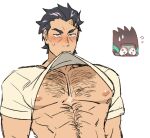  abs bad_id bad_twitter_id bara bare_pectorals blush character_request chest_hair chibi chibi_inset copyright_request hairy large_pectorals looking_at_viewer lowres mature_male mouth_hold muscular muscular_male nipples nose_blush pectoral_focus pectorals saturday_(hokawazu) shirt shirt_in_mouth upper_body white_shirt 
