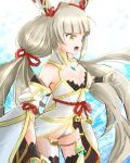  1girl animal_ears bangs blunt_bangs breasts chest_jewel cleavage detached_sleeves facial_mark highleg highleg_leotard leotard long_hair low_twintails mizss nia_(blade)_(xenoblade) nia_(xenoblade) silver_hair small_breasts solo thighhighs twintails very_long_hair yellow_eyes 