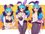  ! 1girl :d absurdres alternate_costume animal_ears ass bangs bare_arms bare_shoulders black_bra black_legwear blue_hair blush blushy-pixy bra breasts cleavage commentary fake_animal_ears gradient_hair groin gwen_(league_of_legends) happy heart highres holding league_of_legends leotard long_hair medium_breasts multicolored_hair multiple_views needle notice_lines orange_background pantyhose playboy_bunny rabbit_ears sewing_needle smile stitches teeth two-tone_hair underwear upper_teeth white_background 