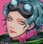  1girl apex_legends bangs blue_eyes blue_hair goggles goggles_on_head hair_behind_ear head_tilt horizon_(apex_legends) light_smile official_alternate_costume portrait short_hair solo spacesuit tama_(ponz3o1) 