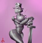 2019 animal_print areola big_areola big_breasts breast_squish breasts clothing cow_print curvy_figure digital_media_(artwork) eyelashes female genitals grey_body grey_skin hat hb-viper headgear headwear hi_res humanoid machine melee_weapon nipples not_furry nude pink_background pussy robot robot_humanoid signature simple_background slendytubbies solo squish standing sword teletubbies the_imposter_(slendytubbies) thick_thighs top_hat voluptuous weapon wide_hips 