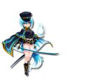  1girl animal_ears asagi_(bombergirl) black_headwear black_skirt blue_hair bombergirl brown_eyes closed_mouth eyebrows_visible_through_hair full_body gloves holding holding_sword holding_weapon long_sleeves looking_at_viewer multicolored_hair official_art pleated_skirt short_hair skirt solo sword tail transparent_background weapon white_gloves white_hair wolf_ears wolf_girl wolf_tail 