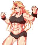  1girl abs alternate_costume bangs bike_shorts black_shorts black_sports_bra blonde_hair breasts clenched_hand commentary_request cowboy_shot cuffs eyebrows_visible_through_hair fugaku_(miko_no_miyatsuguchi) grin highres horns hoshiguma_yuugi large_breasts long_hair looking_at_viewer muscular muscular_female navel pointy_ears red_eyes shorts simple_background single_horn smile solo sports_bra star_(symbol) touhou white_background 