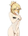  1girl blonde_hair blush breasts collarbone covered_navel cowboy_shot eyebrows_visible_through_hair eyes_visible_through_hair fate/apocrypha fate_(series) green_eyes gris_swimsuit highres hyperbudd meme_attire mordred_(fate) one-piece_swimsuit parted_lips ponytail see-through simple_background small_breasts solo swimsuit teeth wet white_background 