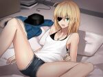  1girl ahoge bangs black_bra blonde_hair blush bra collarbone denim denim_shorts eyebrows_visible_through_hair eyepatch fate/empire_of_dirt fate_(series) futon game_cg green_eyes grey_shorts hair_between_eyes halterneck ikemeru19 jewelry long_hair necklace open_mouth pillow saber_(empire_of_dirt) shirt short_shorts shorts sleeveless sleeveless_shirt solo spread_legs straight_hair underwear white_shirt 