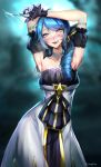  1girl absurdres armpits arms_up artist_name bangs black_background black_bow black_dress black_gloves blue_eyes blue_hair blurry blurry_background blush bow breasts collarbone cowboy_shot detached_sleeves dress drill_hair eyebrows_visible_through_hair fangs gloves green_background grey_dress gwen_(league_of_legends) hair_bow highres holding holding_scissors large_breasts league_of_legends long_hair looking_at_viewer ribbon scissors shiny shiny_hair smile solo strapless strapless_dress teeth tongue tongue_out upper_teeth zyrophin 