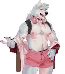 1boy abs animal_ears backpack bag bara bare_pectorals blue_fur blue_male_underwear blush body_fur bulge dog_boy dog_ears dog_tail feet_out_of_frame furry furry_male headphones headphones_around_neck highres large_pectorals male_focus male_underwear male_underwear_peek muscular muscular_male navel navel_hair nipples open_clothes open_shirt original pectorals pink_shorts scar scar_on_chest seato-hao short_hair shorts smile snout solo stomach tail thick_eyebrows thighs underwear white_background 