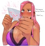  1girl bra breasts cleavage dark-skinned_female dark_skin earrings english_text engrish_text eyebrows fang jewelry large_breasts long_hair looking_away ohasi original parted_lips pink_(ohasi) pink_eyes pink_hair purple_bra ranguage skin_fang solo underwear upper_body 