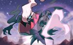  aqua_sclera black_eyes bright_pupils colored_sclera commentary_request darkrai from_below hyou_(hyouga617) looking_at_viewer night no_humans outdoors pokemon pokemon_(creature) sky solo white_pupils 