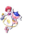  1girl blue_eyes blush bombergirl breasts curly_hair eyebrows_visible_through_hair full_body gloves gun holding holding_gun holding_weapon index_finger_raised large_breasts looking_at_viewer official_art open_mouth pastel_(twinbee) pink_hair short_hair smile solo transparent_background twinbee weapon white_gloves 