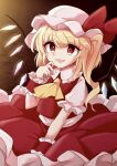  1girl ascot bangs blonde_hair bow brown_background commentary cowboy_shot crystal eyebrows_visible_through_hair fang flandre_scarlet frilled_shirt_collar frilled_skirt frilled_sleeves frills fugaku_(miko_no_miyatsuguchi) hat hat_bow highres long_hair looking_at_viewer mob_cap one_side_up open_mouth puffy_short_sleeves puffy_sleeves red_bow red_eyes red_skirt red_vest shirt short_sleeves skirt skirt_set smile solo touhou vest white_shirt wrist_cuffs yellow_ascot 
