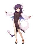  1girl :o absurdres blush commentary_request covered_navel eyebrows_visible_through_hair fang flat_chest full_body highres horns long_hair long_sleeves original outstretched_arms pelvic_curtain pg_(pege544) purple_hair red_eyes simple_background solo standing tail white_background 