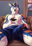  2022 5_fingers absurd_res anthro blue_body blue_bottomwear blue_clothing blue_fur blue_shorts bottomwear building canid canine canis clothed clothing collaboration controller digital_media_(artwork) domestic_dog fingers fur game_controller genitals hi_res house husky incorgnito inside male mammal marjani multicolored_body multicolored_fur nordic_sled_dog penis shorts spitz topless topless_anthro topless_male white_body white_fur window ych_result yellow_body yellow_fur 
