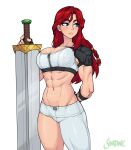  1girl abs artist_name asymmetrical_clothes blue_eyes breasts commentary cowboy_shot english_commentary eyebrows_visible_through_hair fingerless_gloves gloves hair_between_eyes highres huge_weapon large_breasts long_hair muscular muscular_female navel original red_hair shardanic simple_background single_pantsleg solo watermark weapon white_background 