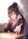  1girl absurdres brown_hair classroom closed_mouth commentary desk doki_doki_literature_club english_commentary green_eyes hair_ribbon hand_up highres looking_at_viewer minoominoomi monika_(doki_doki_literature_club) ponytail ribbon school_uniform solo sunlight tied_hair white_ribbon 