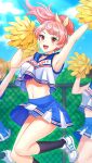  3girls :d armpits bare_arms black_legwear blue_panties blue_skirt blue_sky blurry blurry_background blush bow bra cheerleader clothes_lift collarbone crop_top day doukyuusei_another_world floating_hair frilled_bra frilled_panties frills game_cg hair_bow jumping kishimoto_sae kneehighs long_hair midriff miniskirt mole mole_under_eye multiple_girls navel open_mouth panties pink_hair pleated_skirt pom_pom_(cheerleading) ponytail purple_bra red_eyes shiny shiny_hair shirt shoes skirt skirt_lift sky sleeveless sleeveless_shirt smile sneakers solo_focus stomach strap_gap sunlight underwear white_footwear yellow_bow 