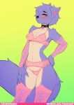  anthro black_nose blue_body blue_fur blue_hair blush bra breasts canid canine canis clothing collar female fur hair hand_on_hip hi_res lingerie maku_(maku450) mammal navel pink_bra pink_clothing pink_underwear short_hair simple_background solo tsudamaku underwear wolf yellow_eyes 