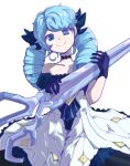  1girl ahoge bangs black_bow black_choker black_dress black_eyes black_gloves blue_eyes blue_hair blush bow breasts choker dress drill_hair gloves green_eyes gwen_(league_of_legends) hair_bow heterochromia highres holding holding_scissors hourglass_02 league_of_legends long_hair off-shoulder_dress off_shoulder oversized_object pink_eyes scissors shiny shiny_hair simple_background smile solo star-shaped_pupils star_(symbol) symbol-shaped_pupils twin_drills white_background white_dress 