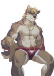  1boy abs animal_ears bara body_fur brown_eyes brown_fur bulge dog_boy dog_ears dog_tail feet_out_of_frame furry furry_male highres jacket jacket_partially_removed large_pectorals lifeguard male_focus male_swimwear muscular muscular_male navel navel_hair nipples original pectorals print_shorts red_shorts seato-hao short_hair shorts sitting smile snout solo stomach swim_briefs swimsuit swimsuit_under_clothes tail thick_eyebrows thick_thighs thighs topless_male whistle whistle_around_neck white_background white_male_swimwear 