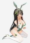  1girl absurdres animal_ears bare_shoulders black_survival breasts brown_hair cleavage collarbone fake_animal_ears green_eyes gweon_sua hair_ornament hand_on_own_chest high_heels highres large_breasts leaf_hair_ornament leotard long_hair looking_at_viewer open_mouth playboy_bunny playboy_bunny_leotard rabbit_ears simple_background solo thighhighs tunamayo_(dsasd751) very_long_hair white_background 
