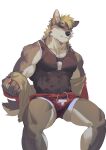  1boy absurdres animal_ears bara black_tank_top body_fur brown_eyes brown_fur bulge covered_nipples dog_boy dog_ears dog_tail feet_out_of_frame furry furry_male highres jacket jacket_partially_removed large_pectorals lifeguard male_focus male_swimwear muscular muscular_male original pectoral_cleavage pectorals print_shorts red_shorts seato-hao short_hair shorts sitting smile snout solo swim_briefs swimsuit swimsuit_under_clothes tail tank_top thick_eyebrows thick_thighs thighs whistle whistle_around_neck white_background white_male_swimwear 