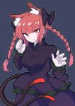  1girl absurdres animal_ear_fluff animal_ears bangs black_bow black_shirt black_skirt blunt_bangs bow braid breasts cat_ears cat_tail commentary_request cowboy_shot extra_ears eyebrows_visible_through_hair frilled_shirt frilled_sleeves frills fugaku_(miko_no_miyatsuguchi) grey_background hair_bow highres kaenbyou_rin long_hair long_sleeves looking_at_viewer medium_breasts multiple_tails nekomata open_mouth red_eyes red_hair shirt simple_background skirt smile solo tail touhou twin_braids 