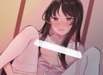  1girl bangs bar_censor blush bow brown_eyes brown_hair buttons censored commentary_request embarrassed eyelashes feet_out_of_frame frilled_shirt_collar frills garter_straps hime_cut houraisan_kaguya long_hair looking_at_viewer mozukuzu_(manukedori) open_clothes open_mouth pink_shirt shirt sidelocks sitting solo spread_legs sweatdrop thighhighs touhou white_bow white_legwear 