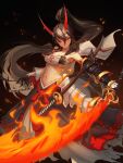  1girl absurdly_long_hair absurdres akakage_youtou_hime_(onmyoji) armor black_hair embers faulds flaming_sword flaming_weapon gauntlets hair_between_eyes highres holding holding_sword holding_weapon horns katana long_hair looking_at_viewer midriff navel onmyoji parted_lips ponytail red_eyes sarashi single_gauntlet solo sword torn_clothes tsurime very_long_hair weapon yepo youtouhime 