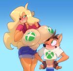  activision anthro bandicoot big_breasts bigdad blush boob_hat bottomwear breast_squish breasts clothed clothing crash_bandicoot crash_bandicoot_(series) duo female fingerless_gloves gloves hair hair_over_eye handwear hotpants huge_breasts male mammal marsupial one_eye_closed one_eye_obstructed pasties raised_clothing raised_shirt raised_topwear shirt shorts squish tawna_bandicoot topwear video_games x-box 