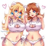  2girls :d ;d artist_name bare_arms bare_shoulders bell blonde_hair blue_eyes breasts cat_cutout cat_lingerie center_opening choker cleavage cleavage_cutout clothing_cutout cowboy_shot curled_fingers english_commentary eyebrows_visible_through_hair hair_between_eyes hair_ornament holding_hands large_breasts long_hair mario_(series) medium_hair meme_attire midriff multiple_girls navel neck_bell one_eye_closed open_mouth panties paw_pose princess_daisy princess_peach shiny shiny_hair shiny_skin simple_background smile sugarbell swimsuit thigh_gap underwear white_background white_choker white_panties 