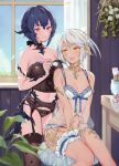  2girls :d absurdres applying_makeup armpit_crease arms_between_legs au_ra avatar_(ff14) babydoll backlighting bangs bare_arms bare_shoulders black_corset black_garter_belt black_legwear black_panties blue_hair blue_nails blue_ribbon blurry blurry_foreground blush bob_cut breasts choker cleavage closed_mouth collarbone commentary corset cosmetics curtains day dragon_tail drawer eyebrows_visible_through_hair eyelashes final_fantasy final_fantasy_xiv fingernails frilled_corset frills garter_belt highres indoors lace-trimmed_panties lace_trim leaning_forward leg_garter lingerie looking_at_another makeup makeup_brush medium_breasts midriff_peek multiple_girls nail_polish navel negligee on_stool open_mouth panties parted_bangs red_eyes ribbon scales see-through shiny shiny_hair short_hair silver_hair sitting sleeveless small_breasts smile standing stomach string_panties tail thighhighs underwear uni_(melm) v_arms white_babydoll white_panties window yellow_eyes 