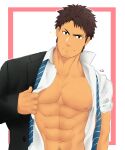  1boy abs bara bare_pectorals black_suit collared_shirt come_hither facial_hair highres large_pectorals looking_at_viewer male_focus mature_male muscular muscular_male navel navel_hair nipples open_clothes open_shirt original pectorals salaryman seductive_smile shirt short_hair sideburns smile solo stomach stubble undone_necktie upper_body zifu 