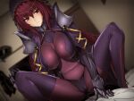  1boy 1girl armor bangs blurry blurry_background bodysuit breasts breasts_apart cameltoe closed_mouth eyebrows_visible_through_hair fate/empire_of_dirt fate_(series) game_cg gauntlets girl_on_top hair_between_eyes hand_on_own_knee ikemeru19 indoors large_breasts long_hair looking_at_viewer lying on_back purple_bodysuit red_eyes red_hair scathach_(fate) shoulder_armor squatting straight_hair veil very_long_hair 