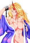  1girl abs absurdres bangs blonde_hair breasts chain closed_mouth commentary_request cuffs fugaku_(miko_no_miyatsuguchi) grey_background hand_in_hair highres horns hoshiguma_yuugi hoshiguma_yuugi_(promo) japanese_clothes kimono large_breasts long_hair looking_at_viewer muscular muscular_female pointy_ears purple_kimono red_eyes scar scar_on_chest simple_background single_horn smile solo touhou undressing upper_body 