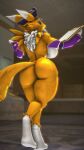  3d_(artwork) anthro bandai_namco big_breasts big_butt breasts butt canid canine clipboard curvy_figure digimon digimon_(species) digital_media_(artwork) female fluffy fox gesture hi_res looking_at_viewer looking_back mammal pointing police police_hat renamon solo source_filmmaker veryfluffy walking wide_hips 