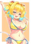  +_+ 1girl bikini blonde_hair blue_eyes blue_hair blush bombergirl breasts cleavage collarbone eyebrows_visible_through_hair fang grenade_hair_ornament hair_intakes half-closed_eyes highres kenzuishi large_breasts looking_at_viewer multicolored_hair navel oppai_loli pine_(bombergirl) short_hair short_twintails skin_fang smile solo swimsuit twintails yellow_bikini 