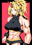  1girl abs absurdres bangs bike_shorts black_background black_shorts black_sports_bra blonde_hair breasts closed_mouth commentary_request cowboy_shot cuffs eyebrows_visible_through_hair fugaku_(miko_no_miyatsuguchi) highres horns hoshiguma_yuugi large_breasts long_hair looking_at_viewer midriff muscular muscular_female navel pointy_ears ponytail red_background red_eyes red_horns shorts single_horn smile solo split_mouth sports_bra star_(symbol) touhou two-tone_background 
