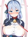  absurdres ako_(blue_archive) anger_vein bell blue_archive blue_eyes blue_hair blush bound breasts collar cowbell gloves half_gloves halo highres huge_breasts jakko leash light_blue_hair looking_at_viewer neck_bell nose_blush pet_play red_collar sideboob sweat upper_body 