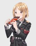  1girl absurdres belt belt_pouch black_coat black_necktie blonde_hair brown_eyes candy character_request check_character chocolate chocolate_bar coat collared_shirt commentary eating food gar32 girls&#039;_frontline grey_background highres holding holding_chocolate holding_food long_sleeves medium_hair military military_uniform mp40_(girls&#039;_frontline) nazi necktie original pouch red_armband shirt signature simple_background solo uniform upper_body 