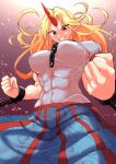  1girl abs absurdres bangs blonde_hair blue_skirt breasts chain clenched_hand commentary_request covered_navel cowboy_shot cuffs earrings fugaku_(miko_no_miyatsuguchi) grin highres horns hoshiguma_yuugi impossible_clothes impossible_shirt jewelry large_breasts long_hair looking_at_viewer looking_down muscular muscular_female pointy_ears red_eyes shirt short_sleeves single_horn skirt smile solo touhou white_shirt 