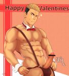  1boy abs bar_censor bara brown_male_underwear bulge censored clothing_aside cowboy_shot dark-skinned_male dark_skin detached_collar erection happy_valentine highres looking_at_viewer male_focus male_pubic_hair male_underwear male_underwear_aside multicolored_hair muscular muscular_male navel nipples one_eye_closed original pectorals penis pubic_hair short_hair sideburns solo sparkle stomach suspenders topless_male translation_request two-tone_hair underwear underwear_only veins veiny_penis wrist_cuffs zifu 