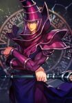  1boy blue_eyes crossed_arms dark_magician duel_monster hat hungry_clicker magic_circle muscular muscular_male purple_hair serious solo staff upper_body wizard_hat yu-gi-oh! 