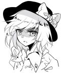 1girl bangs bow collared_shirt e.o. eyebrows_visible_through_hair eyes_visible_through_hair greyscale hat hat_bow highres looking_at_viewer monochrome necktie open_mouth shaded_face shirt short_hair simple_background solo touhou upper_body usami_renko white_background 