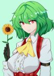  1girl absurdres ascot bangs black_gloves breasts buttons closed_mouth collared_shirt commentary eyebrows_visible_through_hair flower fugaku_(miko_no_miyatsuguchi) gloves green_background green_hair hair_between_eyes highres holding holding_flower kazami_yuuka large_breasts long_sleeves looking_at_viewer plaid plaid_vest red_eyes red_vest shirt short_hair simple_background slit_pupils solo sunflower touhou upper_body vest white_shirt 