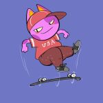  animal_crossing anonymous_artist anthro baseball_cap blush bob_(animal_crossing) clothed clothing digital_drawing_(artwork) digital_media_(artwork) domestic_cat felid feline felis footwear fur hat headgear headwear male mammal nintendo purple_body purple_fur shoes simple_background skateboard solo video_games 