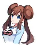  1girl :o bangs blue_eyes blue_sleeves breasts brown_hair cropped_arms cropped_torso double_bun eyebrows_visible_through_hair hair_between_eyes highres long_hair looking_at_viewer medium_breasts open_mouth pokemon pokemon_(game) pokemon_bw2 print_shirt rosa_(pokemon) shiny shiny_hair shirt simple_background sketch solo twintails very_long_hair white_background white_shirt yuihico 